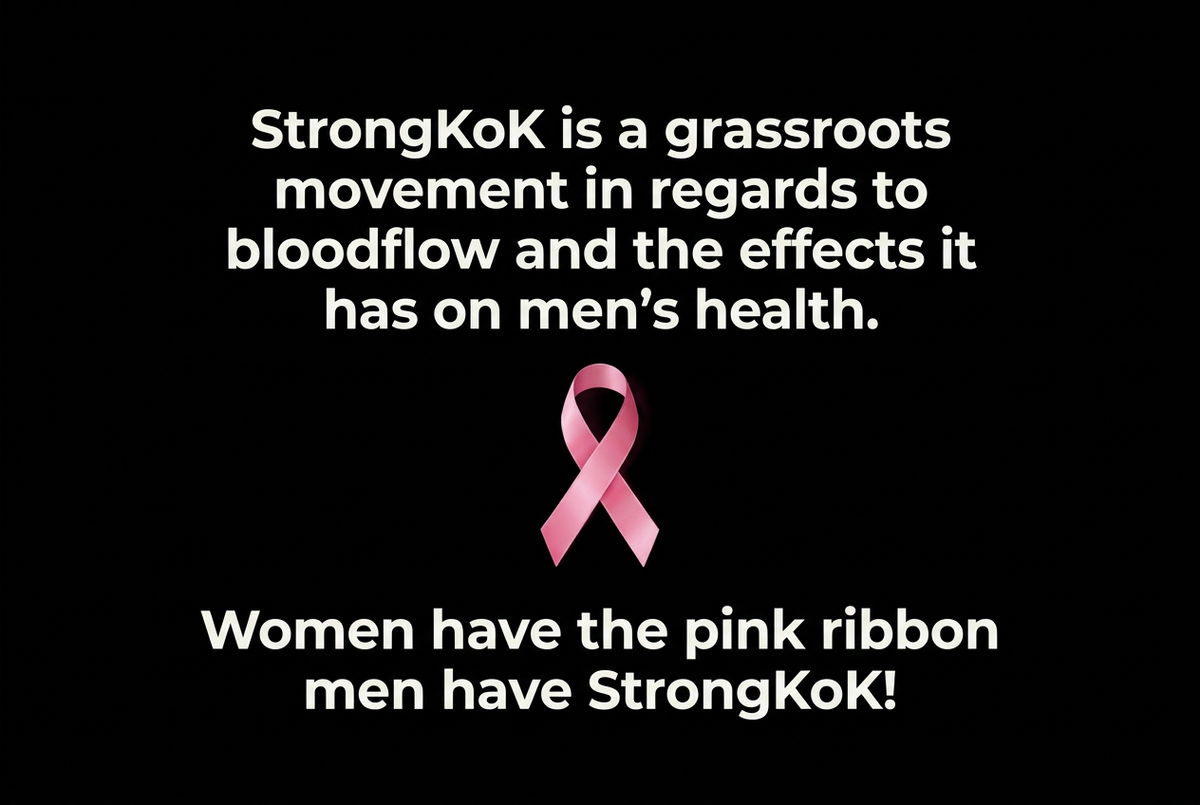 StrongKoK homepage image with black background, white text, and pink ribbon